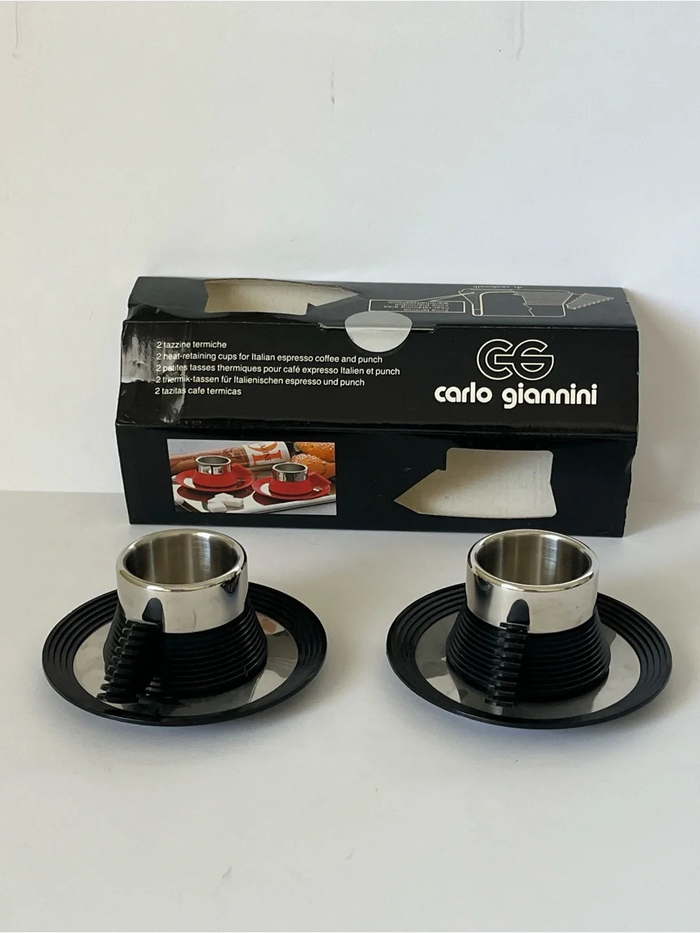 Star Trek Carlo Giannini NWT Vintage Black and Metal Espresso Cup and Saucer Set